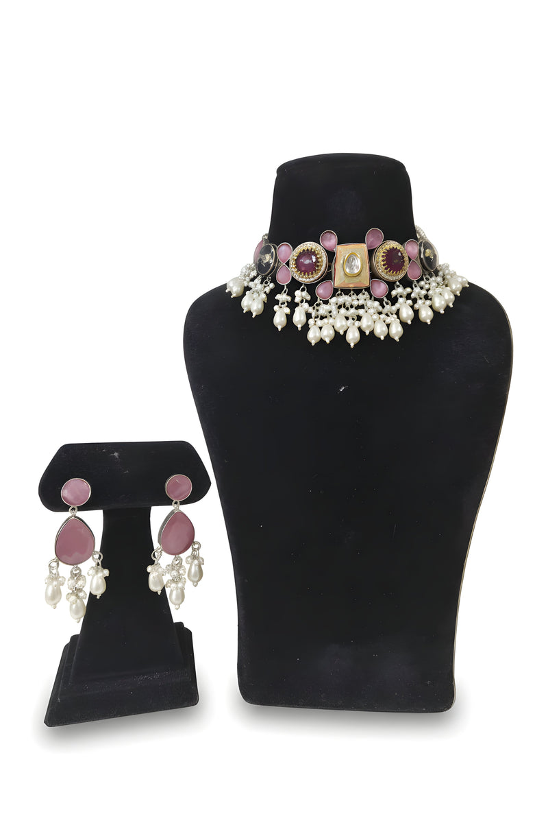 Gulnaar Rose Kundan Pearl Choker Set - Jewellery set on display stand