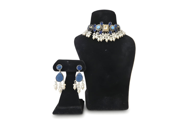 Neelam Sapphire Kundan Pearl Choker Set - Jewellery set on display stand