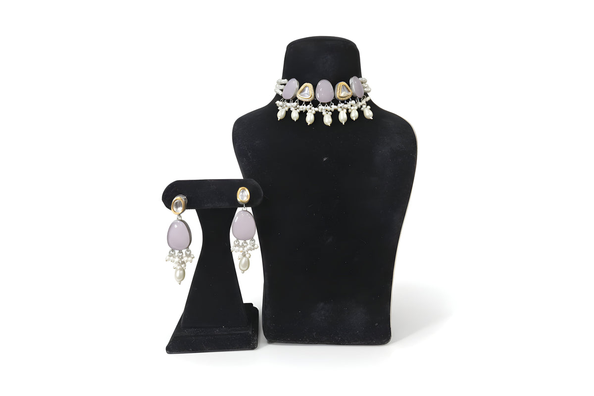 Rukhsar Lavender Polki Pearl Choker Set - Jewellery set on display stand
