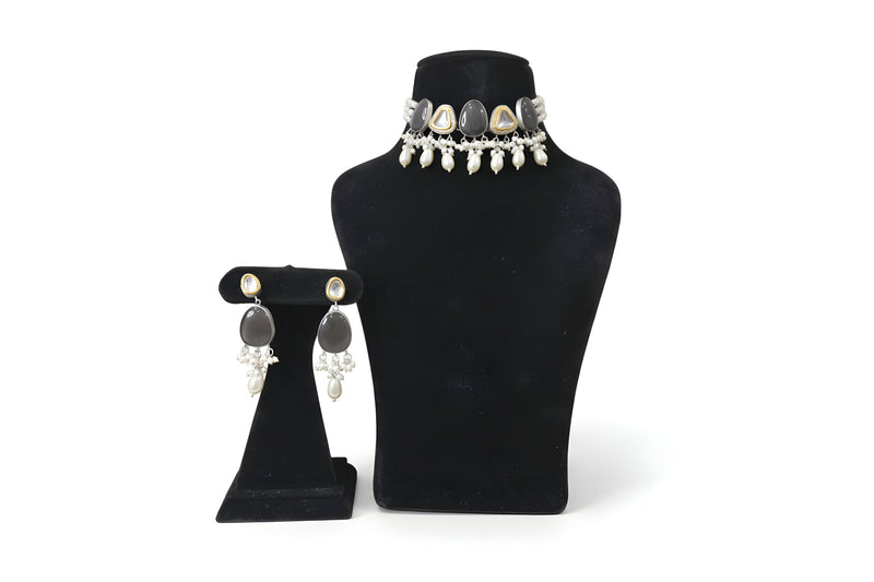Dhundhli Smoky Grey Polki Pearl Choker Set - Jewellery set on display stand