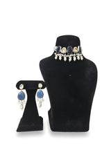 Aasmani Navy Polki Pearl Choker Set - Jewellery set on display stand