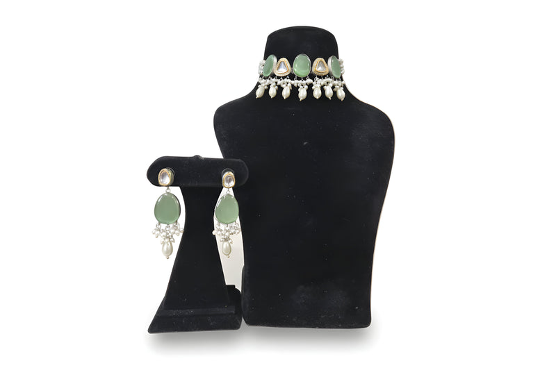 Hariyali Sea Green Polki Pearl Choker Set - Jewellery set on display stand