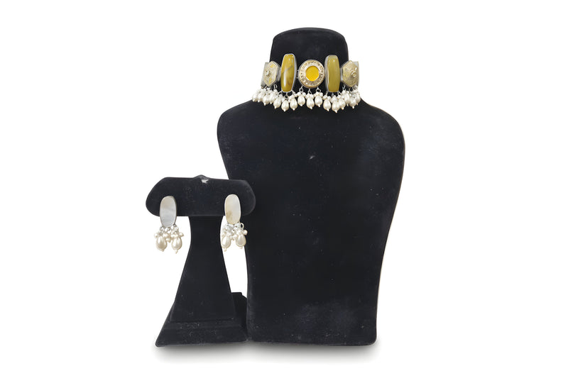 Madhu Amber Meenakari Pearl Choker Set - Jewellery set on display stand