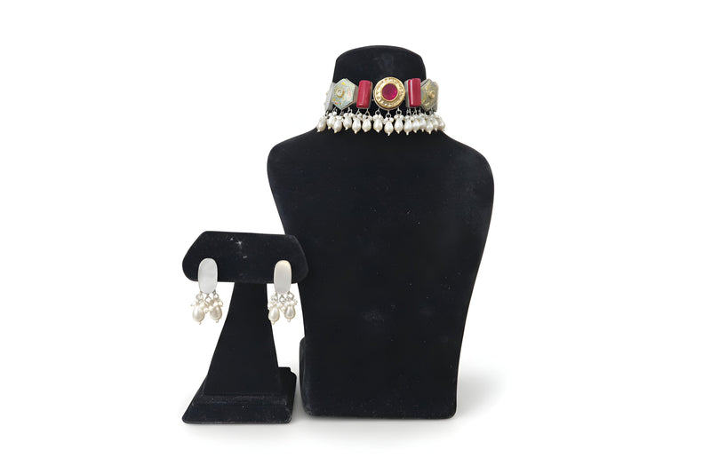 Gulabi Hot Pink Meenakari Pearl Choker Set - Jewellery set on display stand