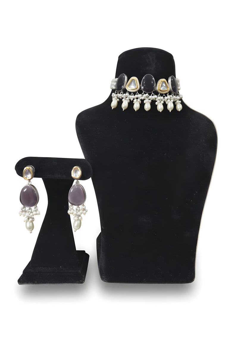 Baigani Purple Kundan Pearl Choker Set - Jewellery set on display stand