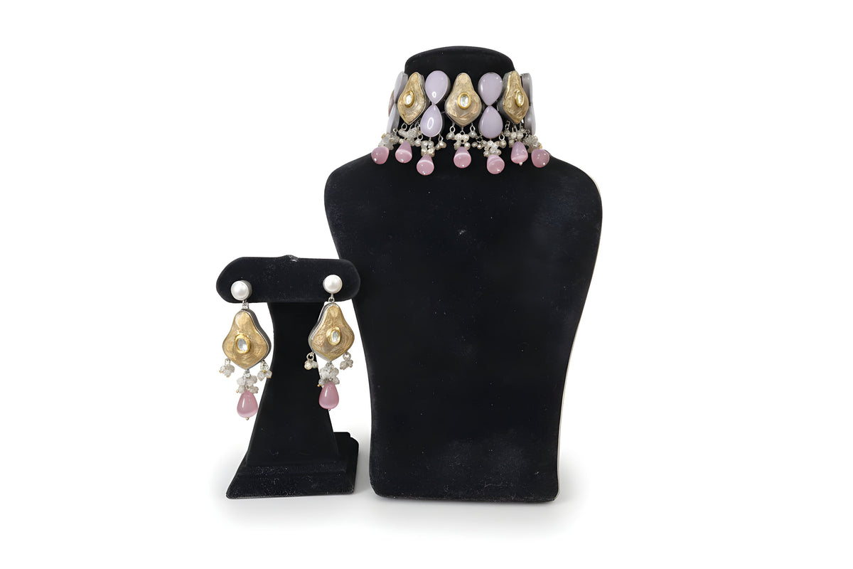Chandan Lavender Pink Kundan Choker Set - Jewellery set on display stand