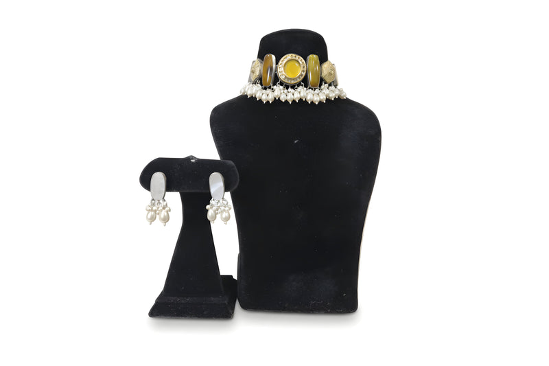 Shahad Amber Meenakari Pearl Choker Set - Jewellery set on display stand