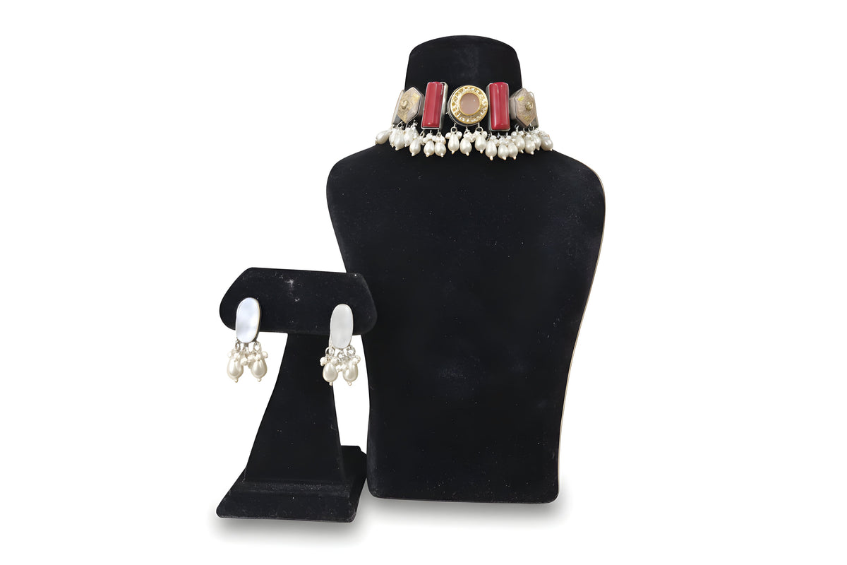 Gulaab Blush Coral Meenakari Pearl Choker Set - Jewellery set on display stand