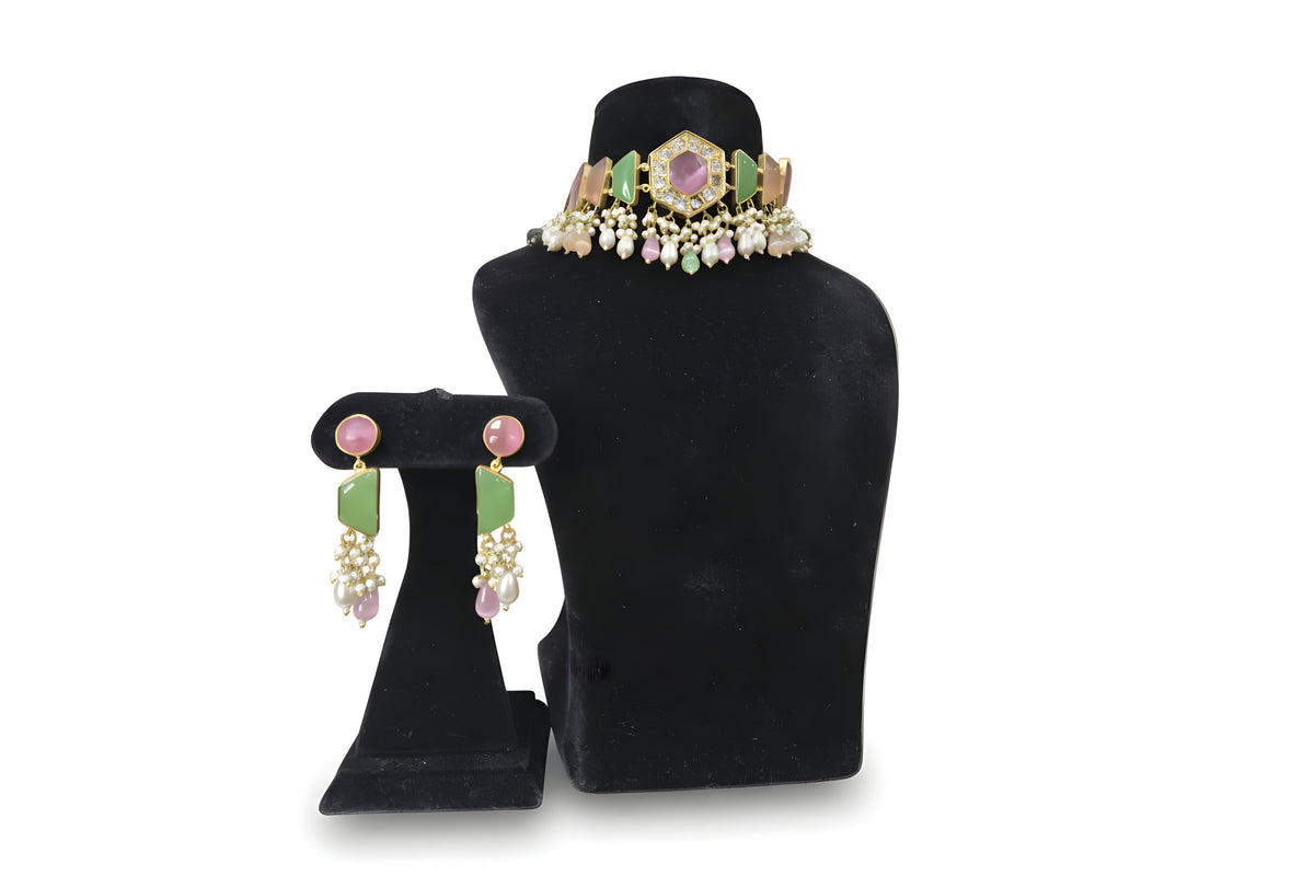 Rangoli Pastel Kundan Pearl Choker Set - Jewellery set on display stand