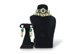 Panna Emerald Kundan Pearl Choker Set - Jewellery set on display stand