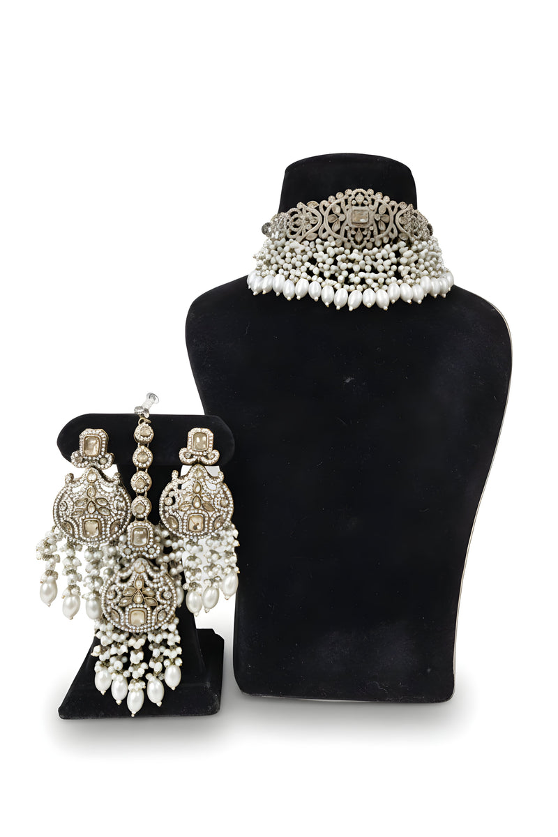 Sitara Champagne Pearl Polki Choker Set - Jewellery set on display stand