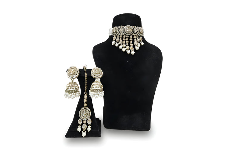 Noor Champagne Gold Polki Jhumka Set - Jewellery set on display stand