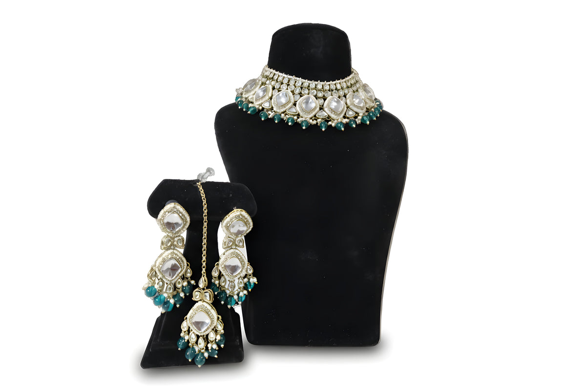 Chandni Teal Kundan Choker Set - Jewellery set on display stand