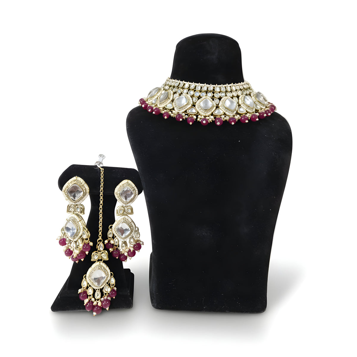 Chandni Ruby Kundan Choker Set - Jewellery set on display stand