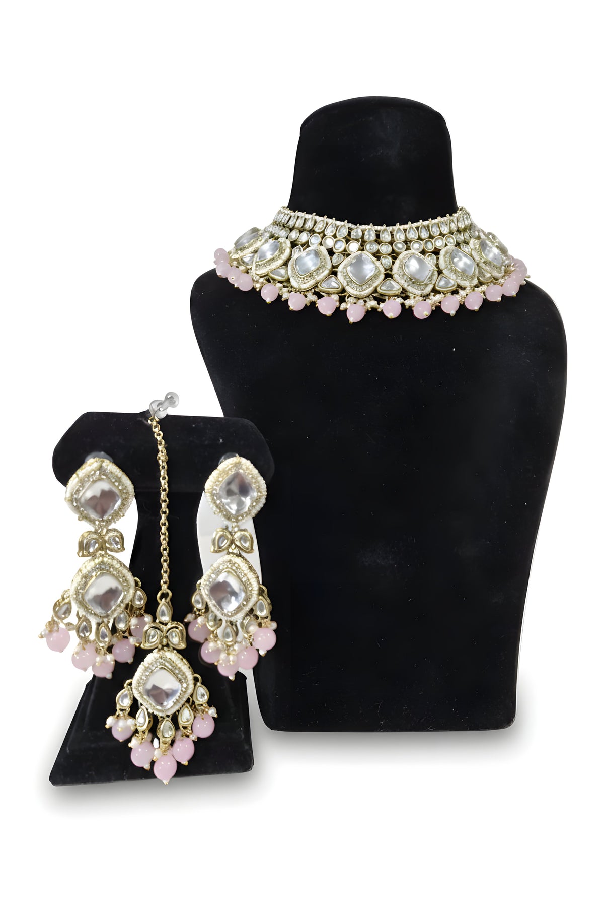 Chandni Pink Kundan Choker Set - Jewellery set on display stand