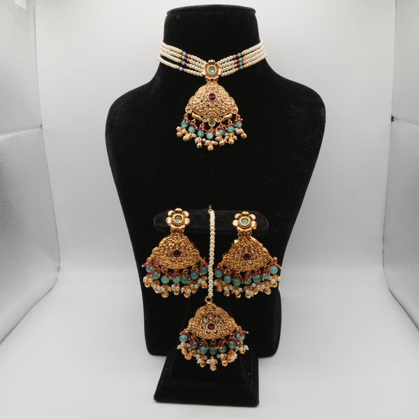 Farah Jewel-Tone Pearl-Strand Set — gold plated pearl strand choker with triangular temple pendant with ruby pink and mint green stone accents, matching chandbali earrings and triangular maang tikka