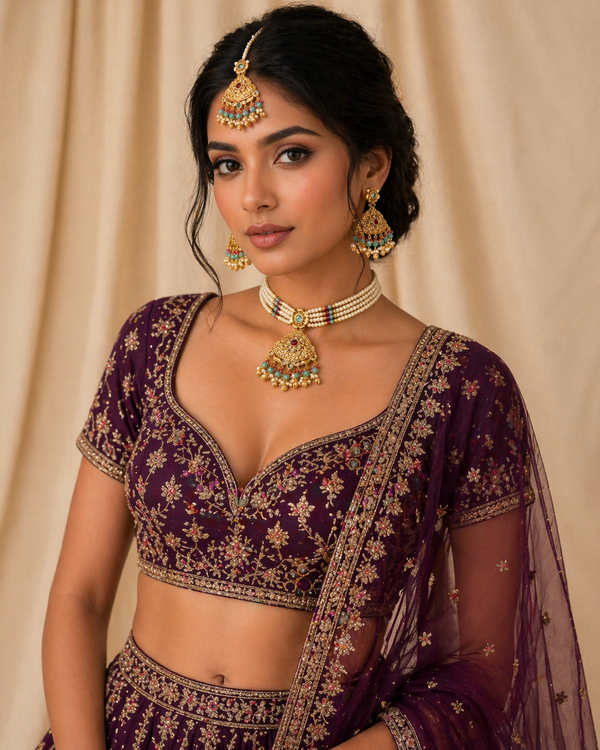 Farah Jewel-Tone Pearl-Strand Set — gold plated pearl strand choker with triangular temple pendant with ruby pink and mint green stone accents, matching chandbali earrings and triangular maang tikka