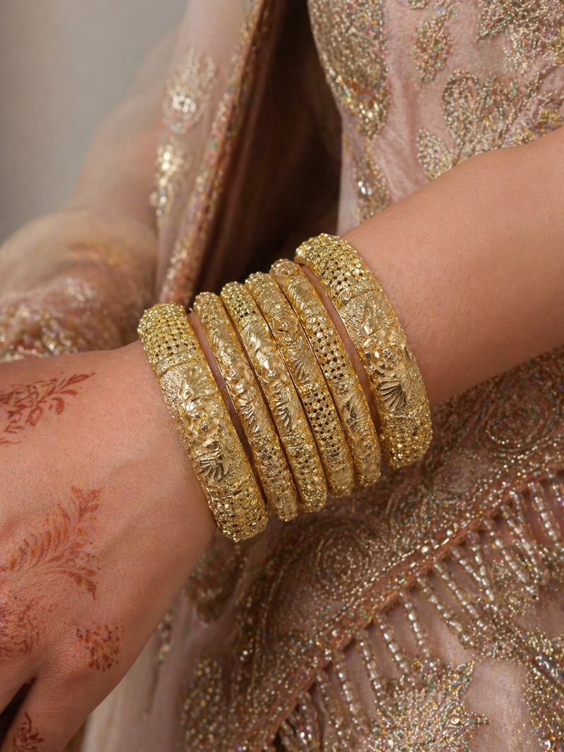 Gulbadan Rose Carved Kada Set — set of 6 thick gold kada bangles with dimensional carved rose motifs and granulation detailing