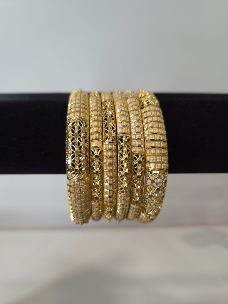 Jaali Lattice Textured Kada Set — set of 6 slim gold kada bangles with floral lattice cut-work and textured grid pattern