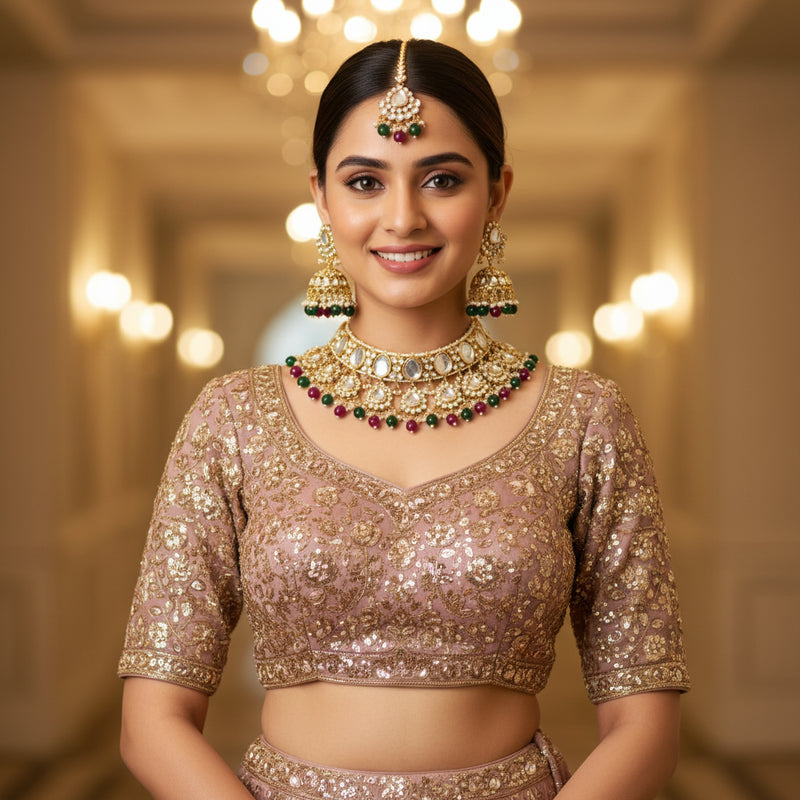 Large Kundan Choker Set — Satrangi Multicolour Jhumka - Model wearing jewellery set