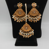 Parveen Pearl-Strand Kundan Set — gold plated pearl strand choker with triangular temple pendant with clear kundan stones and pearl cluster drops, matching chandbali earrings and triangular maang tikka