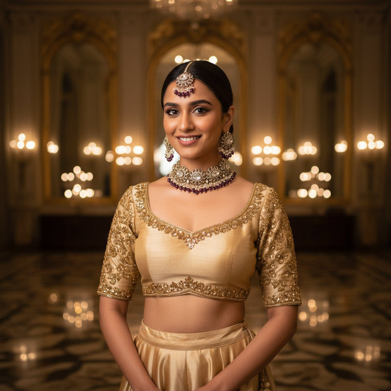 Polki Choker Set — Baigani Plum - Model wearing jewellery set