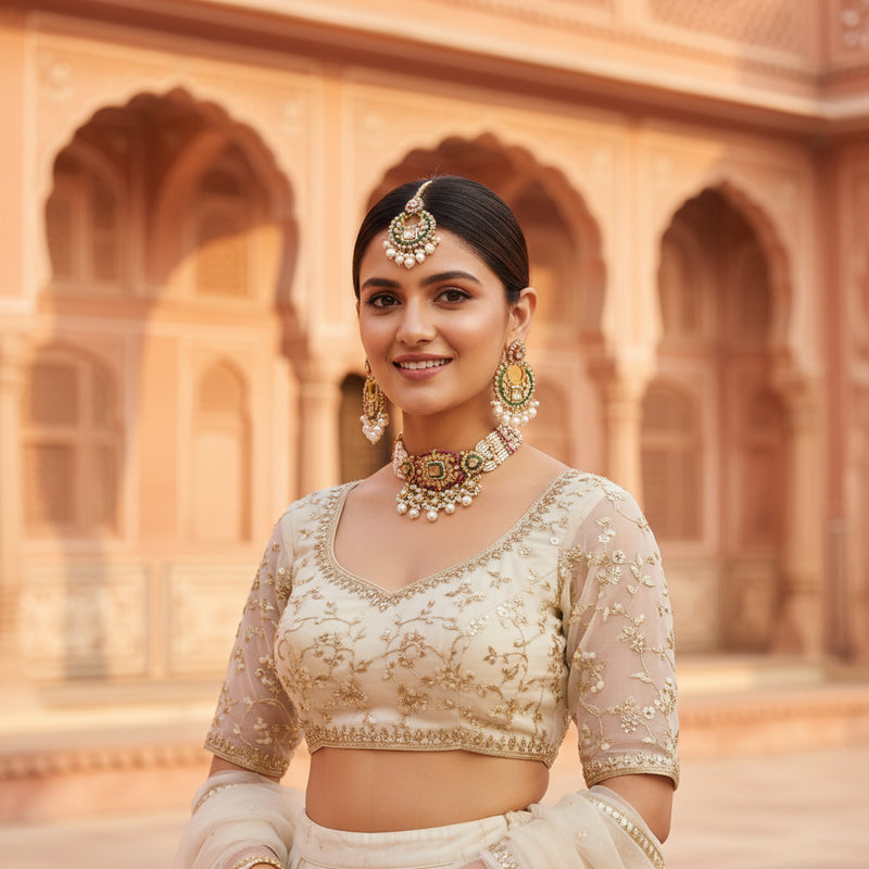 Polki Chandbali Pearl Choker Set — Patola Multicolour Meenakari - Model wearing jewellery set
