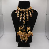 Rani Jhumki Medallion Set — gold plated medallion choker necklace with pearl tassels, ruby and emerald bead accents, jhumka earrings and jhumki-drop maang tikka
