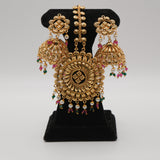 Rani Jhumki Medallion Set — gold plated medallion choker necklace with pearl tassels, ruby and emerald bead accents, jhumka earrings and jhumki-drop maang tikka