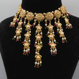 Rani Jhumki Medallion Set — gold plated medallion choker necklace with pearl tassels, ruby and emerald bead accents, jhumka earrings and jhumki-drop maang tikka