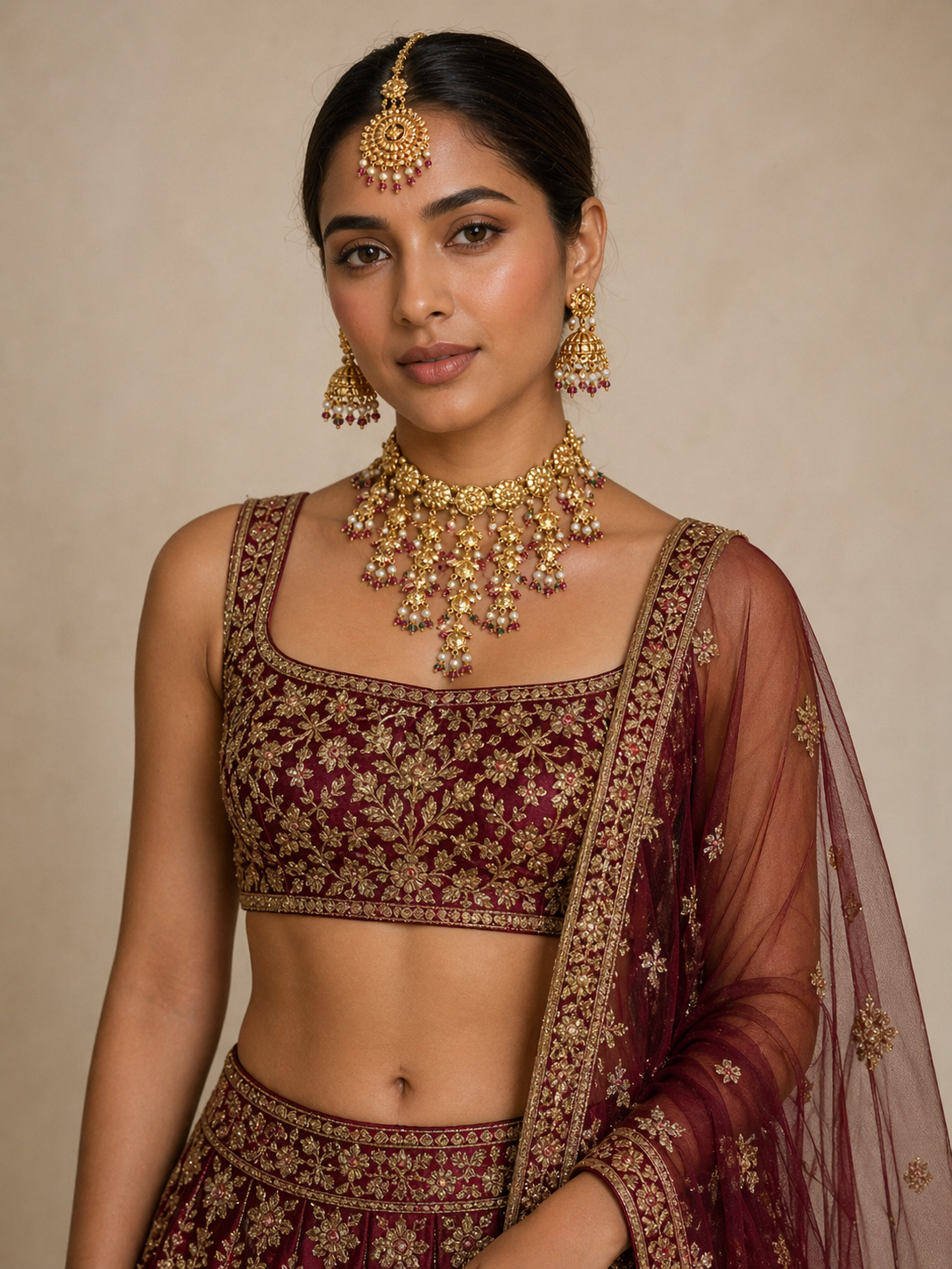 Rani Jhumki Medallion Set — gold plated medallion choker necklace with pearl tassels, ruby and emerald bead accents, jhumka earrings and jhumki-drop maang tikka