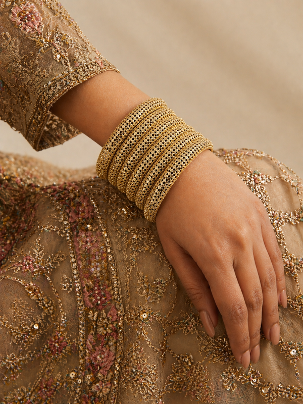 Reshmi Mesh Lace Kada Set — set of 6 gold kada bangles with delicate mesh lace filigree pattern and diamond-cut shimmer