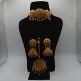 Saira Medallion Trio Choker Set — gold plated three-medallion choker necklace with pearl strands, matching jhumka earrings and statement maang tikka