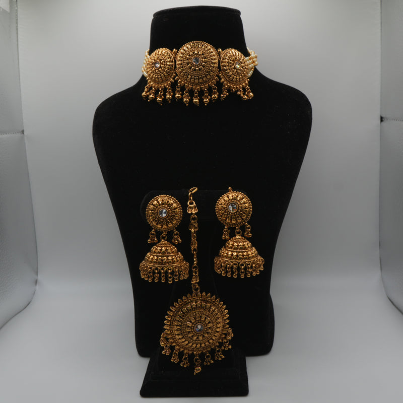 Saira Medallion Trio Choker Set — gold plated three-medallion choker necklace with pearl strands, matching jhumka earrings and statement maang tikka