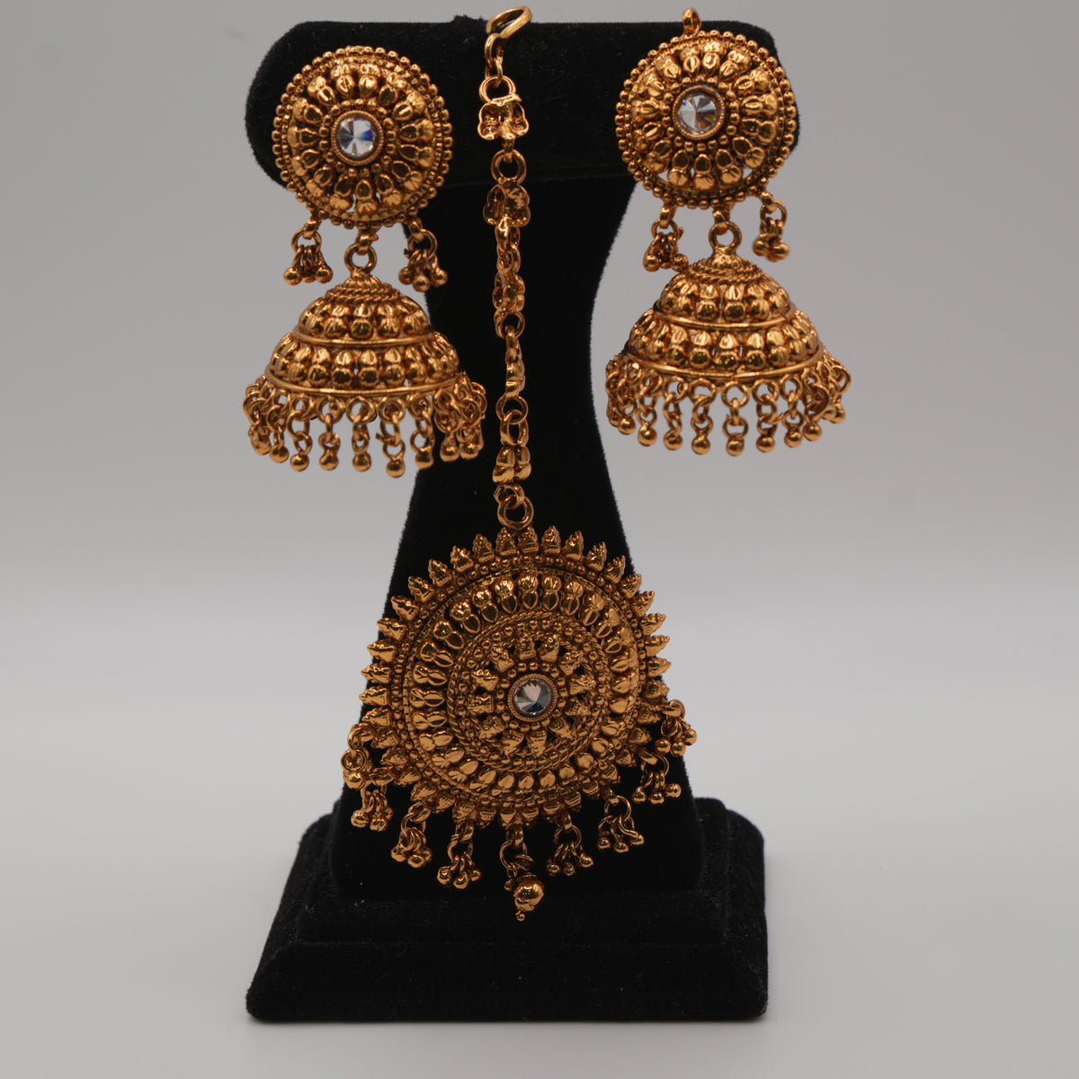Saira Medallion Trio Choker Set — gold plated three-medallion choker necklace with pearl strands, matching jhumka earrings and statement maang tikka