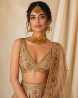 Saira Medallion Trio Choker Set — gold plated three-medallion choker necklace with pearl strands, matching jhumka earrings and statement maang tikka