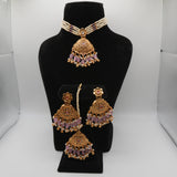 Yasmin Lavender Pearl-Strand Set — gold plated pearl strand choker with triangular temple pendant with lavender stone accents, matching chandbali earrings and triangular maang tikka