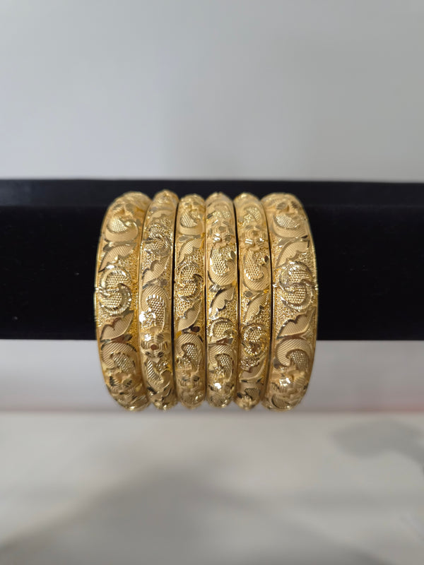 Zari Scrollwork Baroque Kada Set — set of 6 gold kada bangles with ornate baroque scrollwork and swirling vine motifs