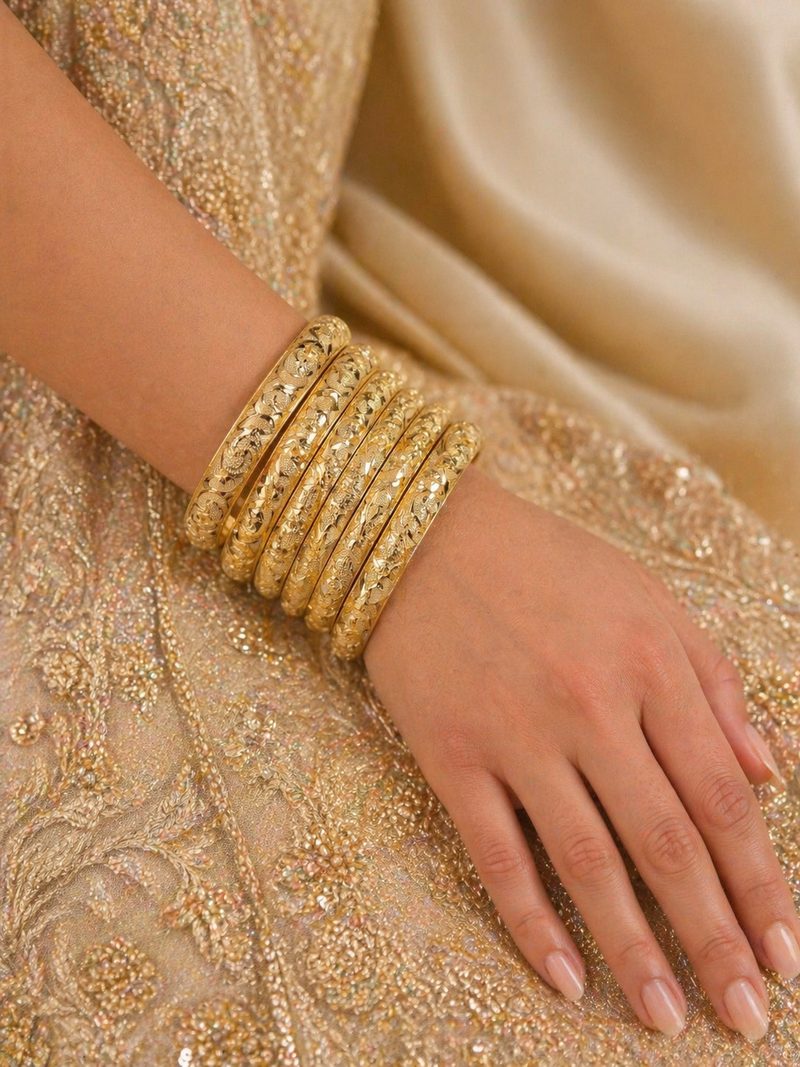 Zari Scrollwork Baroque Kada Set — set of 6 gold kada bangles with ornate baroque scrollwork and swirling vine motifs